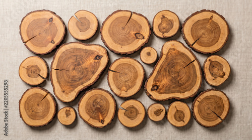 Top view of various sizes of circular wooden log slices on a textured fabric background.