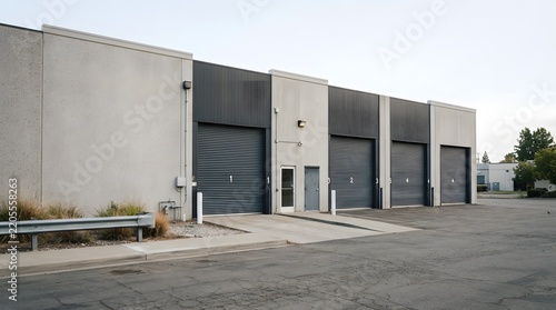 Industrial Warehouse Building with Rolling Doors and Asphalt Parking Lot