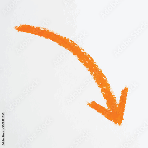 Orange chalk or pastel crayon hand drawn curved arrow pointing down