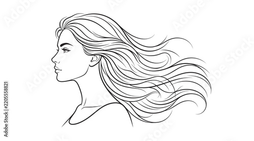 Elegant line art illustration of a woman in profile with long flowing hair.