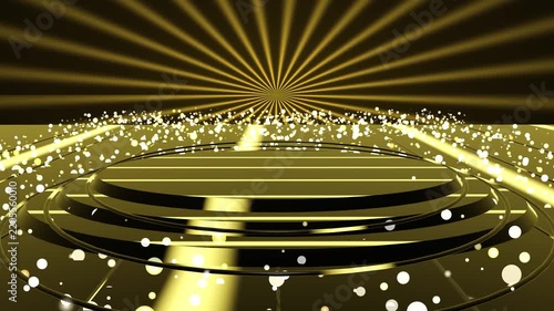 Luxury Gold Orb Particles Scattered Around Tiered Podium with Radial Light Beams, Cinematic Motion Background and Video Backdrop