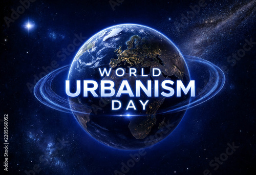 Stunning glowing earth illustration with world urbanism day text floating in space