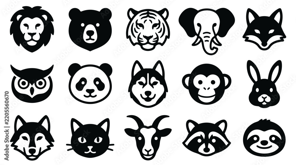 Fototapeta premium A collection of fifteen diverse animal head icons arranged in a grid featuring various wild and domestic species