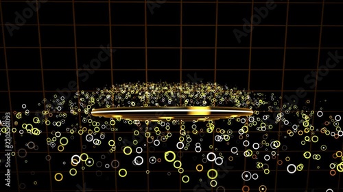 Gold Ring Particles Exploding Around Metallic Podium on Dark Grid, Luxury Animated Video Background for Award Presentation