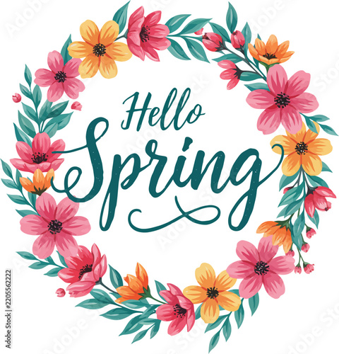 Hello spring floral wreath with colorful flowers and green leaves