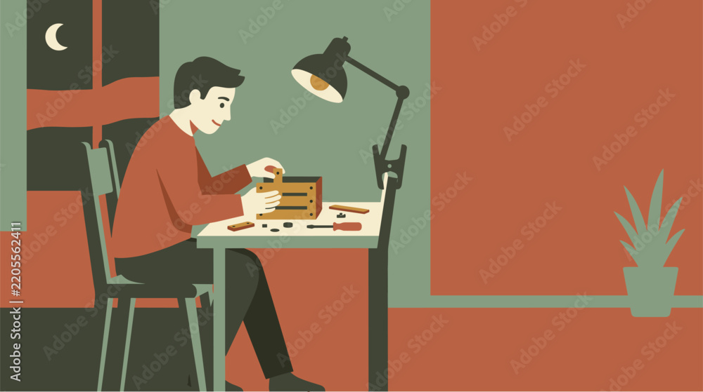Fototapeta premium Man assembling intricate puzzle on desk under desk lamp at night