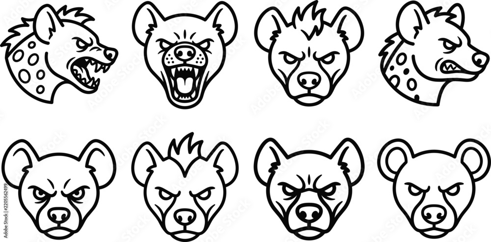 Obraz premium Hyena mascot head vector set in aggressive black outline style featuring fierce facial expressions, growling teeth, and angry eyes for sports team logos.
