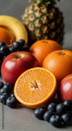 Close-up of a fresh fruit assortment featuring a sliced orange half, red apples, whole oranges, dark grapes, blueberries, a whole pineapple, and bananas on a grey surface.