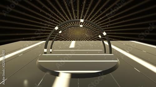 Gold Arch Podium Stage with Sunburst Rays and Sparkle Particles, Luxury Award Show Animated Video Background and Motion Backdrop