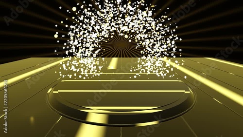 Gold Bubble Particles Exploding Over Luxury Round Podium with Spotlight Rays, Cinematic Award Motion Background and Video Backdrop