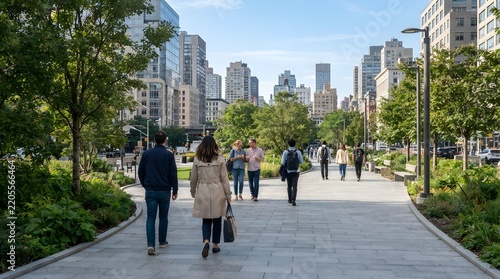 People walking on a modern urban park promenade surrounded by skyscrapers and lush greenery