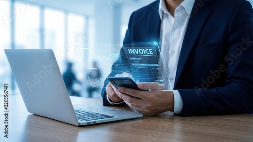 Businessman using a smartphone to view a digital holographic invoice interface for modern financial management and corporate accounting digital
