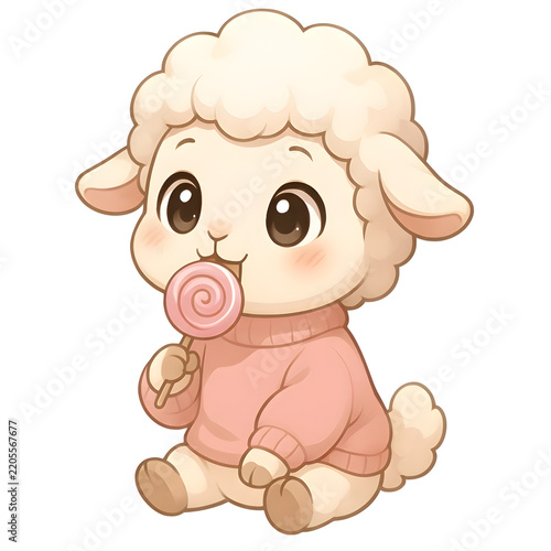 A cute lamb sitting and eating a lollipop