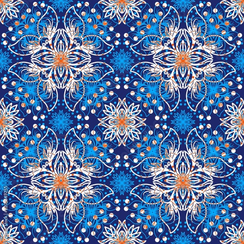 Seamless Abstract Blue Orange and White Floral and Mandala Pattern Background 