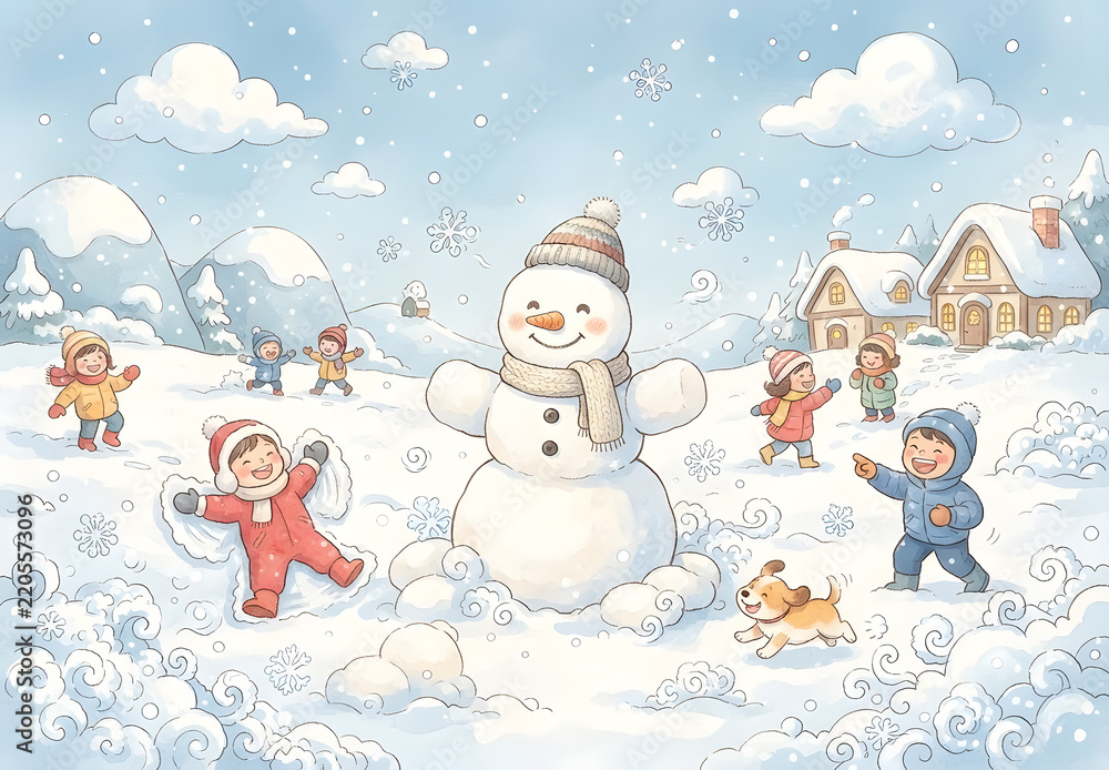 Fototapeta premium Cute winter illustration with a snowman, cute rabbit, and fox in a snowy watercolor style