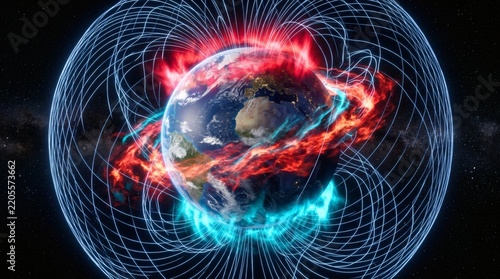 3D illustration of Earth magnetic field distortion and intense solar storm plasma colliding with the magnetosphere.