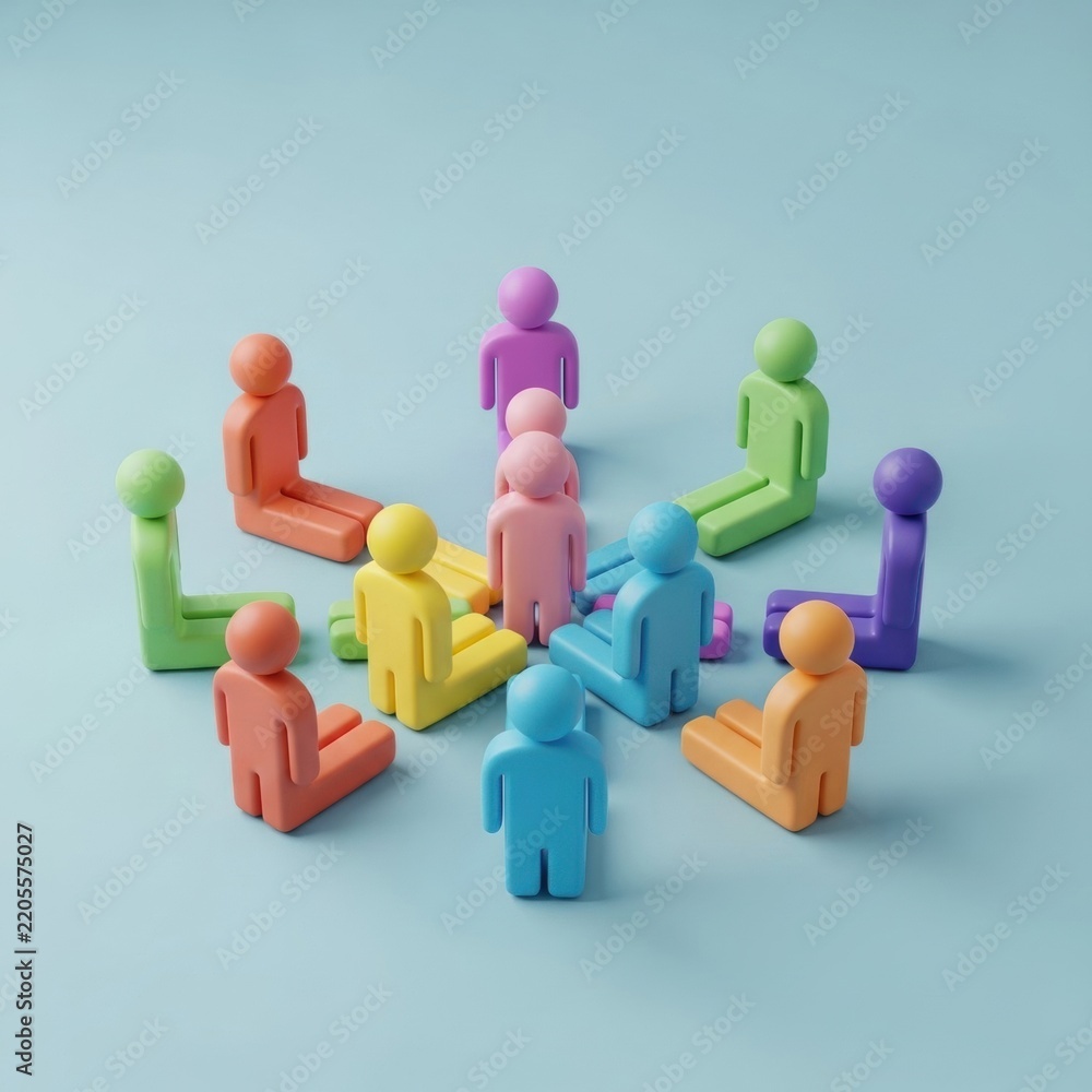 Obraz premium Isometric 3D render of multicolored matte plastic human figures arranged in a circular formation on a soft blue background, representing a team meeting, community, and social diversity.