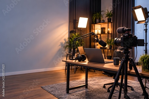 Professional Video Creator Studio with Tripod Camera Recording Desk and Wide Copy Space
