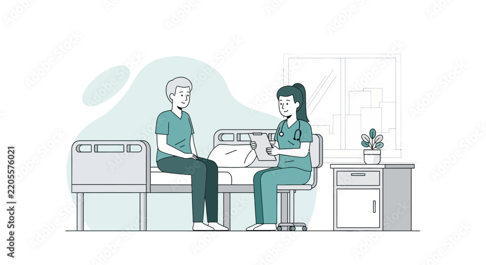 Fototapeta premium Nurse talking to patient in hospital room, medical care illustration