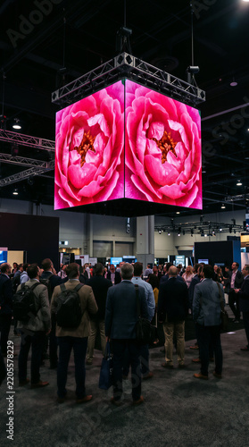 People watching a large digital display screen at an exhibition