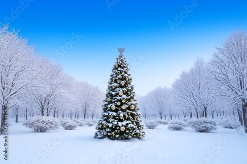 Decorated christmas tree standing in snowy winter park under clear blue sky