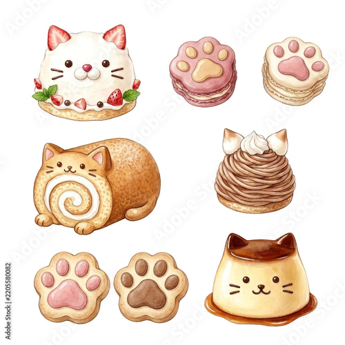 かわいい猫モチーフの洋菓子とスイーツ 水彩イラスト素材セット　Cute Cat-Themed Desserts and Sweets Watercolor Illustration Set