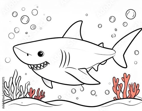 Happy shark swimming underwater with small fish black and white coloring book page