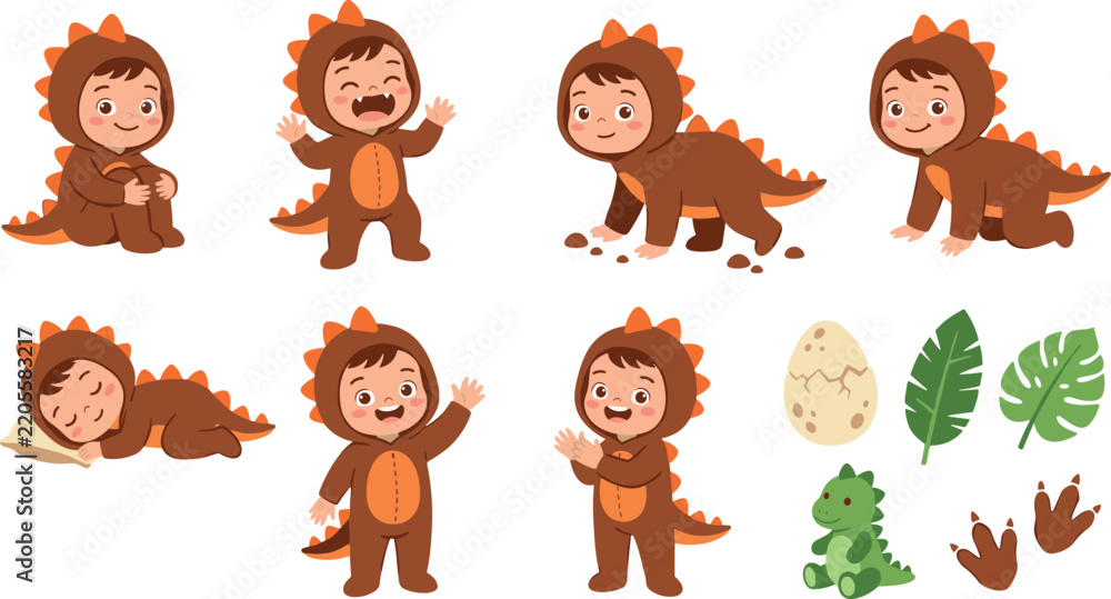 Fototapeta premium Cute Baby in Dinosaur Costume Vector Character Set with Dino Egg, Footprints, Toy, and Tropical Leaves for Kids Sticker Designs