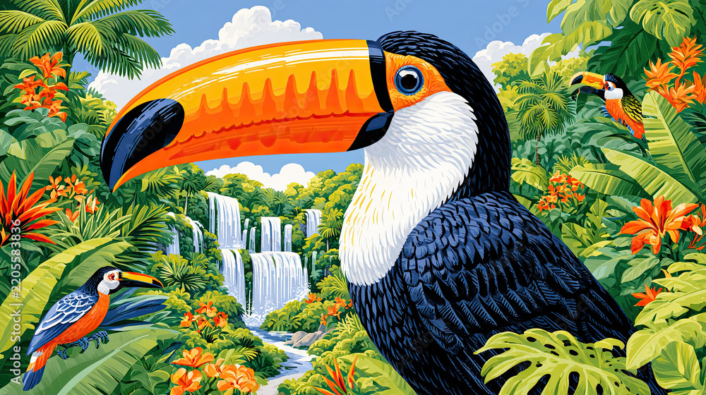 Fototapeta premium Vibrant toucan perched among lush greenery, colorful tropical setting, highlighting biodiversity and nature's beauty.