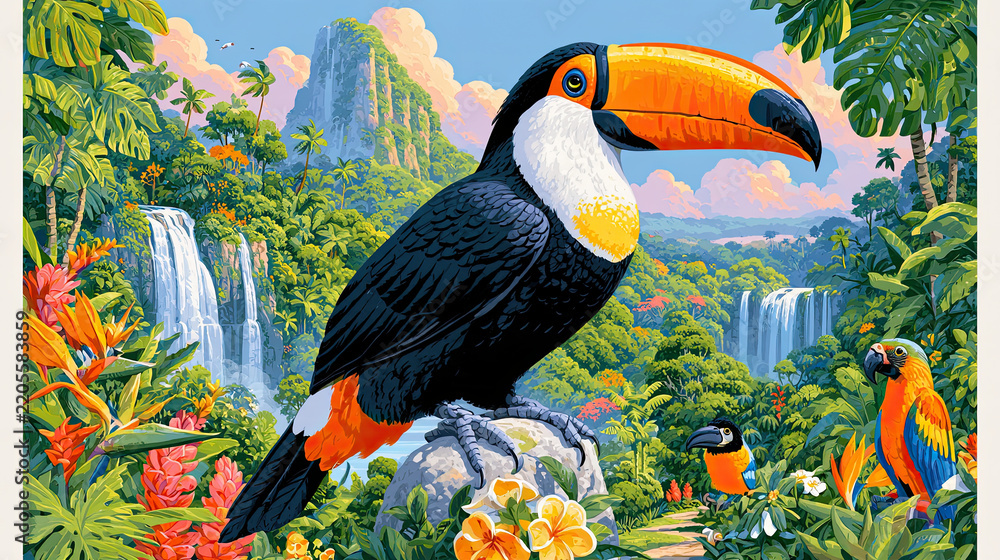 Obraz premium Colorful toucan perched amidst vibrant tropical flora, showcasing bright plumage and natural beauty, perfect for nature themes.