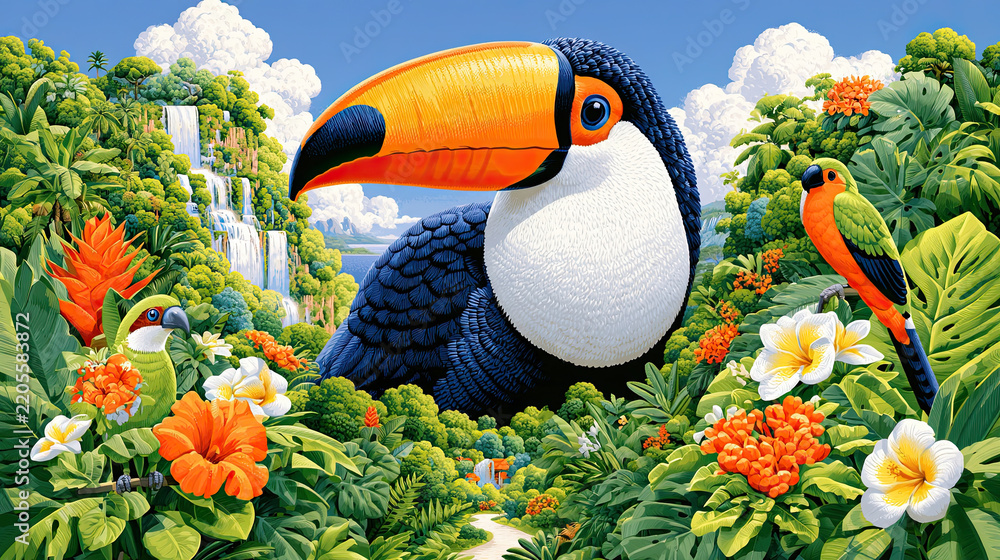 Obraz premium Colorful toucan perched amidst vibrant flowers, tropical rainforest setting, showcasing vivid nature and wildlife.