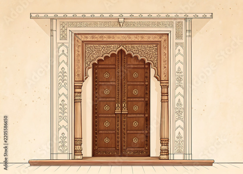  Empty traditional Indian doorway  richly carved teak wood  subtle brass details  premium vector style