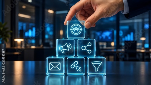 Businessman building pyramid of glowing glass cubes with customer target megaphone social share link and funnel icons for omnichannel marketing