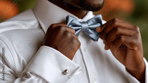 Man adjusting bow tie on formal shirt