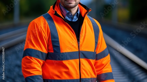 Man in high visibility safety jacket near railway tracks