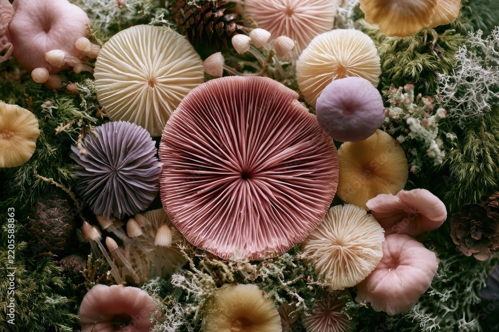 Obraz premium Pastel mushrooms and moss creating a whimsical natural texture