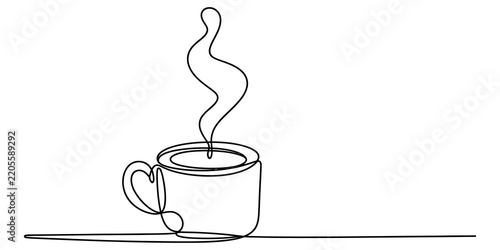 Continuous single line drawing of a steaming coffee cup or tea mug representing a warm morning drink beverage concept in a simple minimalist art style isolated on transparent background, Vector