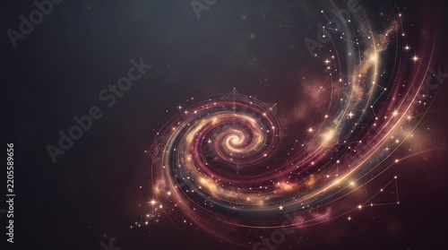 Glowing cosmic spiral galaxy with stars and constellations on a dark background featuring golden and magenta energy light trails, nebula clouds and sacred geometry patterns