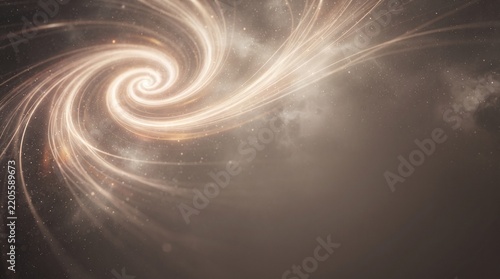 Abstract golden cosmic spiral with glowing energy trails and sparkling stardust particles against a dark celestial background with soft light rays and nebula clouds.