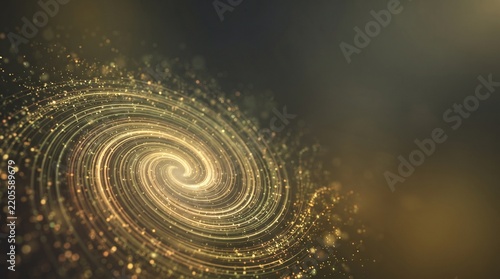 Cinematic golden particle vortex with swirling light trails and glowing dust specs on a dark background, abstract spiral motion design for elegant luxury backgrounds and cosmic themes.