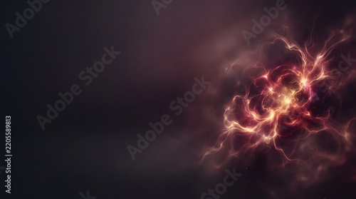 Abstract illustration of a glowing plasma cloud with vibrant orange and magenta electric energy tendrils and particles set against a dark atmospheric cosmic background.