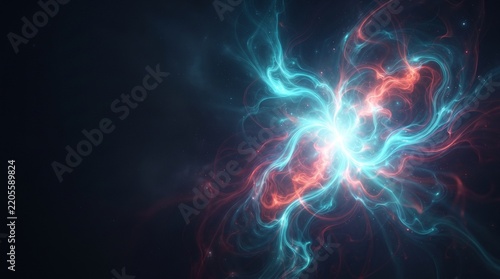 Abstract cosmic plasma nebula with glowing cyan and red filaments against a dark background featuring ethereal smoke wisps and light particles for scientific visualization.