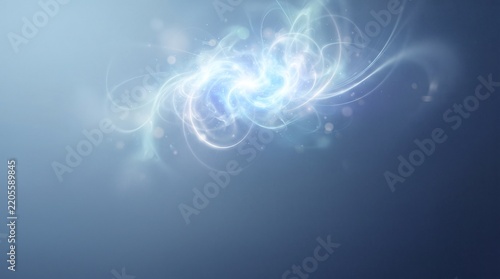 Abstract blue plasma cloud with glowing white energy swirls, ethereal light trails and particle effects on a dark blue gradient background for technology and science concepts.