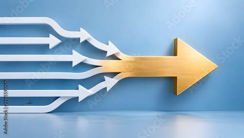Multiple white arrows converging into a single large golden arrow symbolizing unity success and a unified direction towards a common goal.