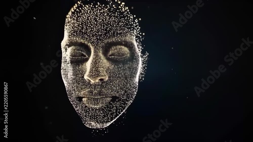 Digital human profile face formed from glowing particles in dark space