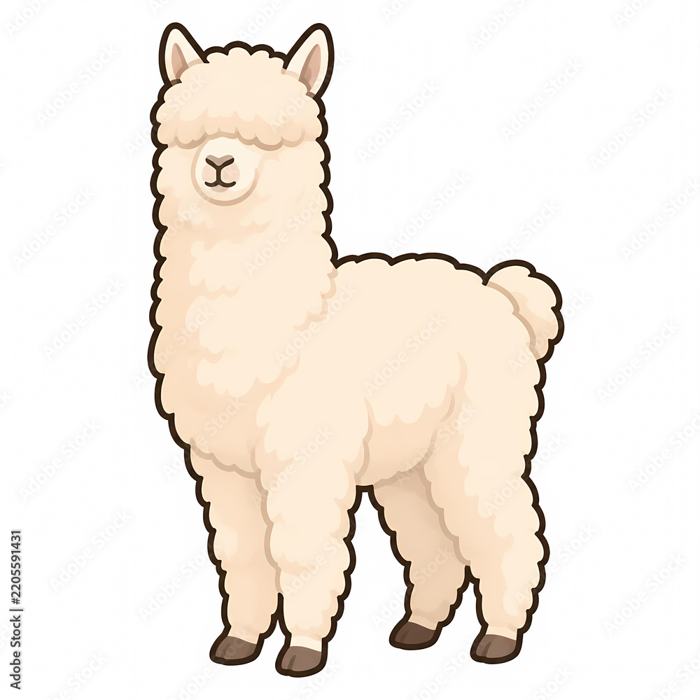 Obraz premium Cute and Fluffy Alpaca Vector Illustration Isolated on White Background, Adorable Cartoon Llama Character in Standing Pose for Graphic Design, Children's Books, and Mascot Creation
