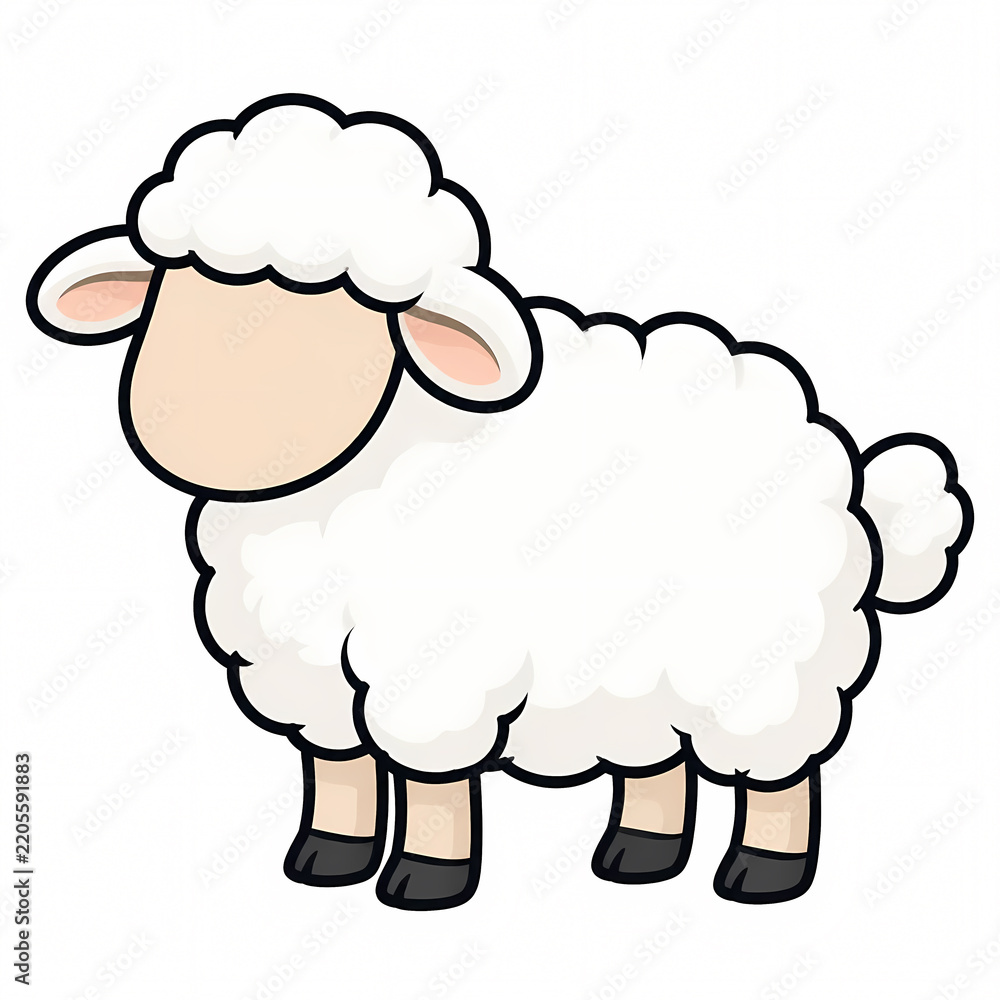 Obraz premium Cute Fluffy White Sheep Vector Illustration Standing in Side Profile View, Faceless Farm Animal Cartoon Character Isolated on White Background for Children Nursery Design and Education
