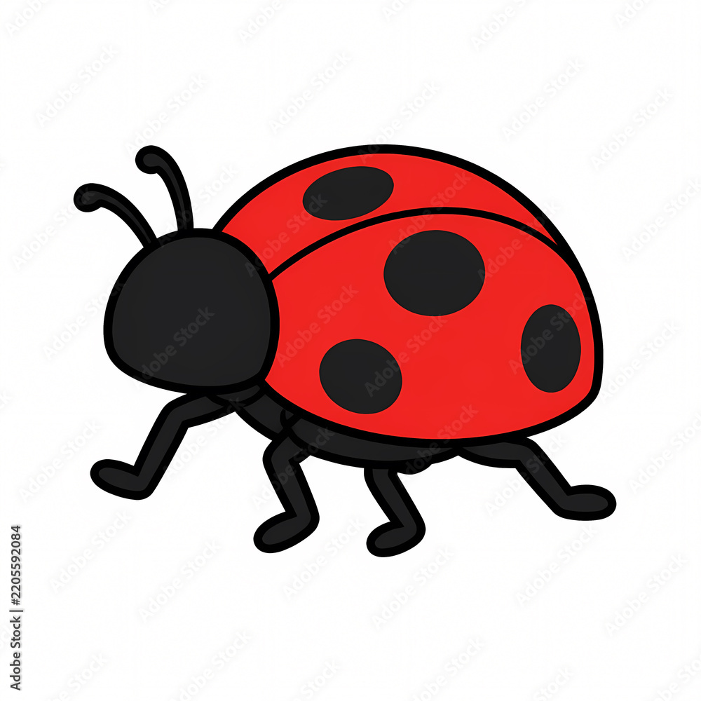 Fototapeta premium Cute Ladybug Vector Illustration Featuring a Red Ladybird Beetle with Black Spots in a Walking Pose, Adorable Cartoon Insect Character Isolated on Plain White Background for Design