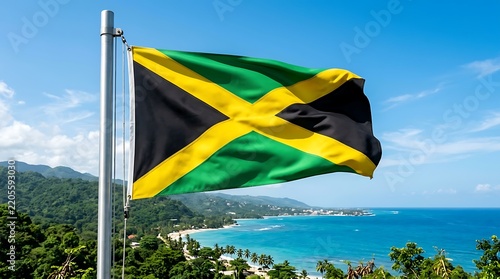 Jamaican flag waving over a tropical Caribbean coastline with blue sky