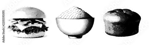 Set of three retro halftone food illustrations featuring a burger, a rice bowl, and a muffin in black and white comic book style